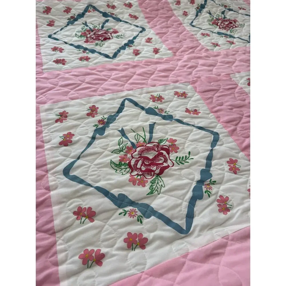 Vintage Hand Painted Floral Quilt Prairie Point Edge Cottagecore Queen 92 x 90